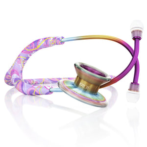 Titanium adult stethoscope from MDF Instruments, MD One Epoch series, with flexible tubing and dual head chest piece.