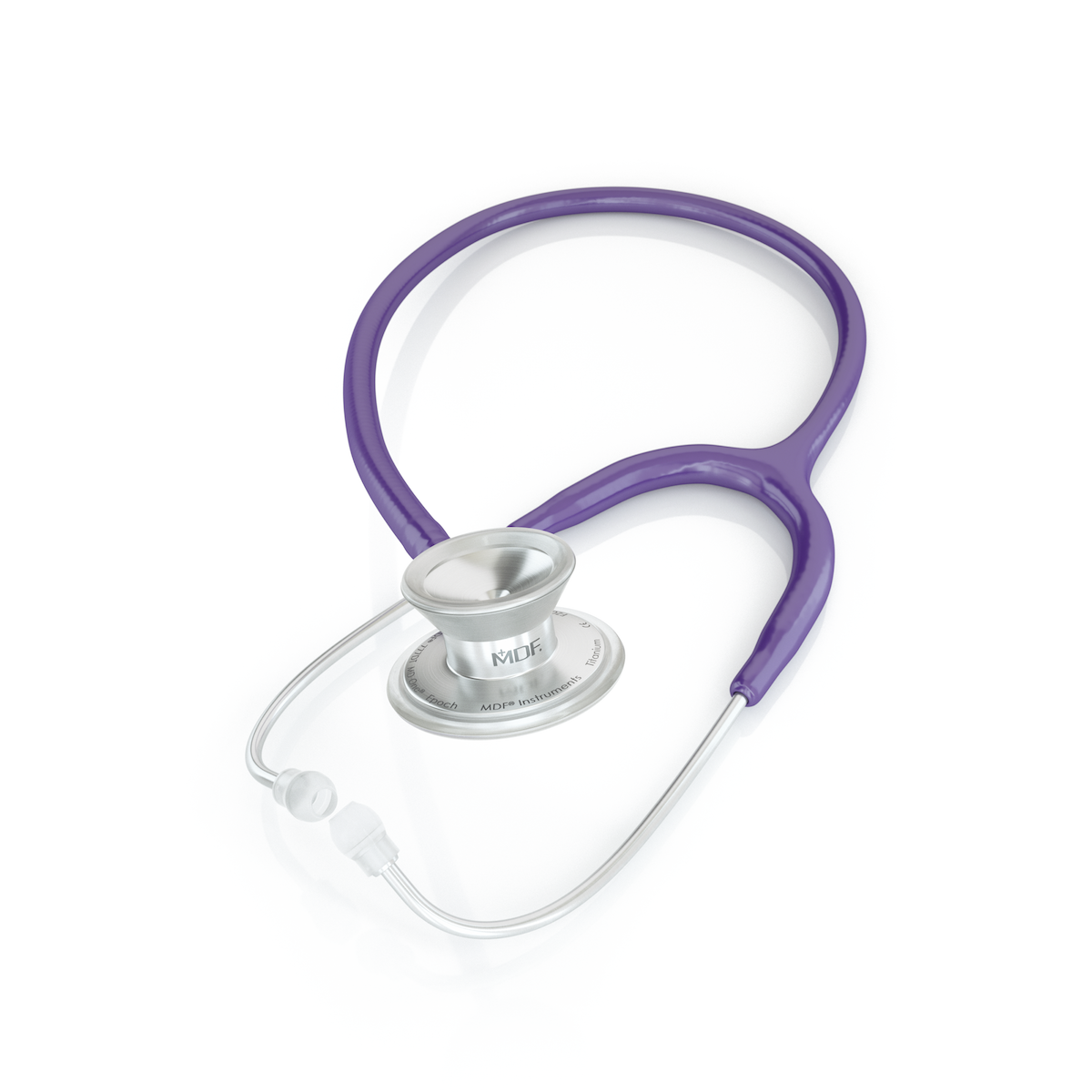 Purple MD One® Epoch® Titanium adult stethoscope from MDF Instruments with dual head and adjustable tubing for medical professionals.