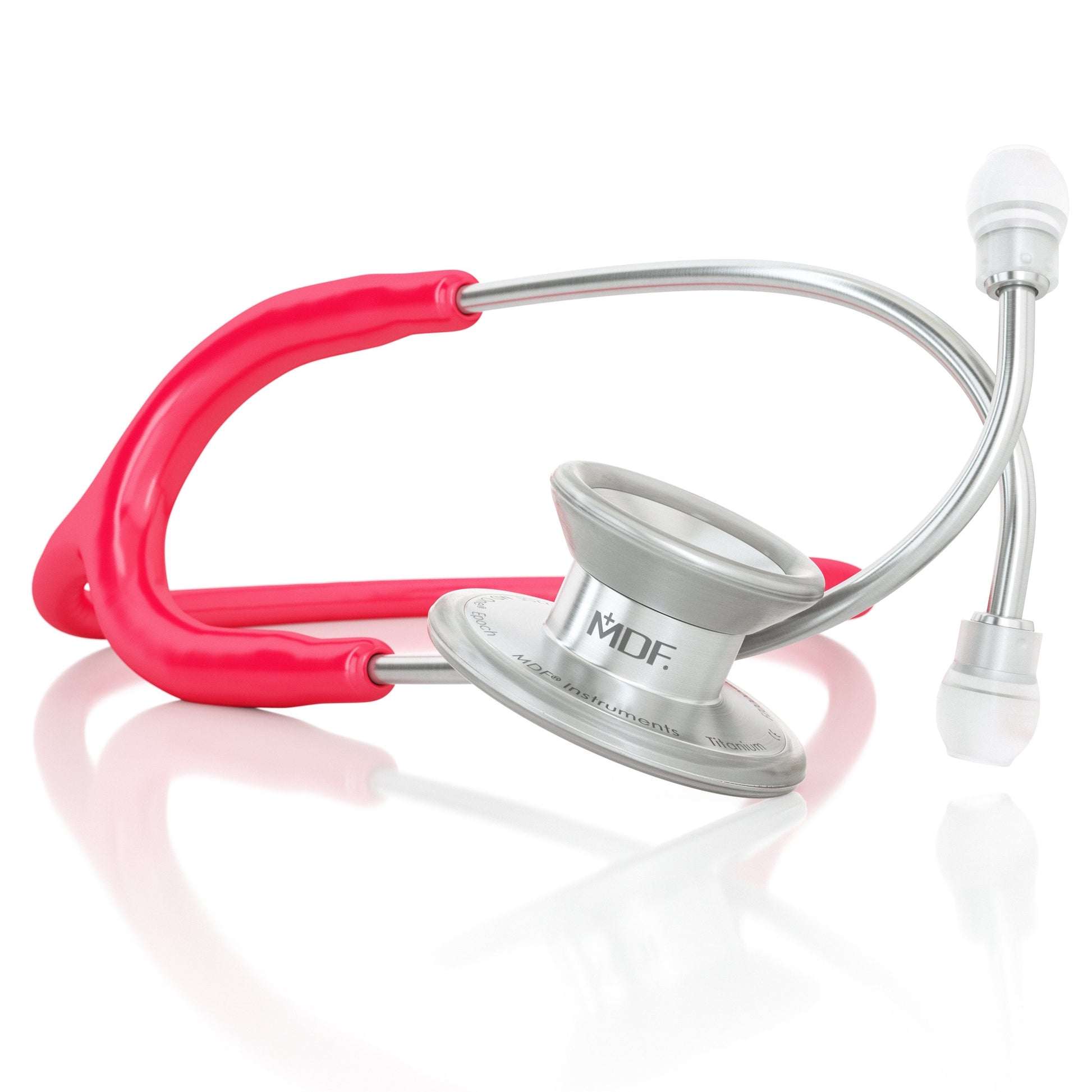 MD One® Epoch® titanium adult stethoscope in raspberry color with flexible tubing and stainless steel chest piece.