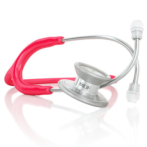 MD One® Epoch® titanium adult stethoscope in raspberry color with flexible tubing and stainless steel chest piece.