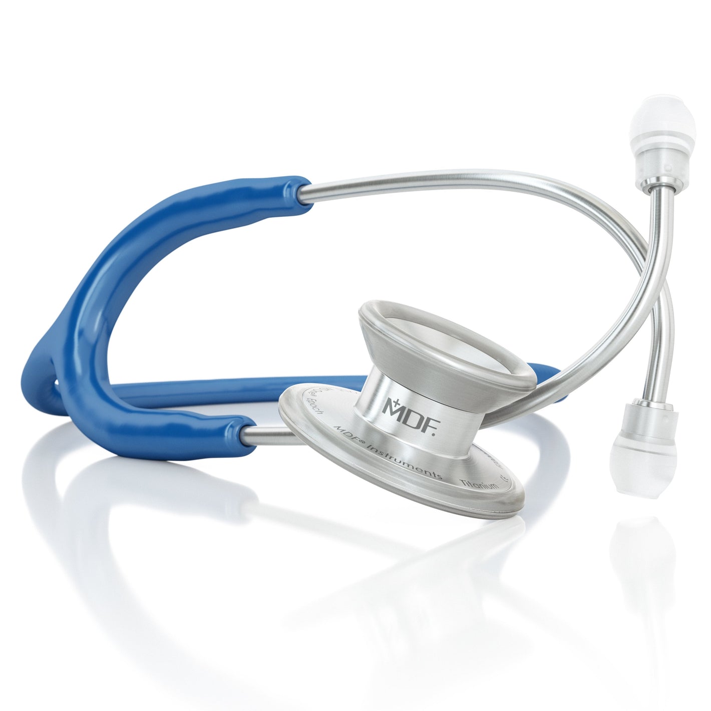 MD One® Epoch® Titanium adult stethoscope in royal blue with silver chest piece and flexible tubing, designed for medical professionals.