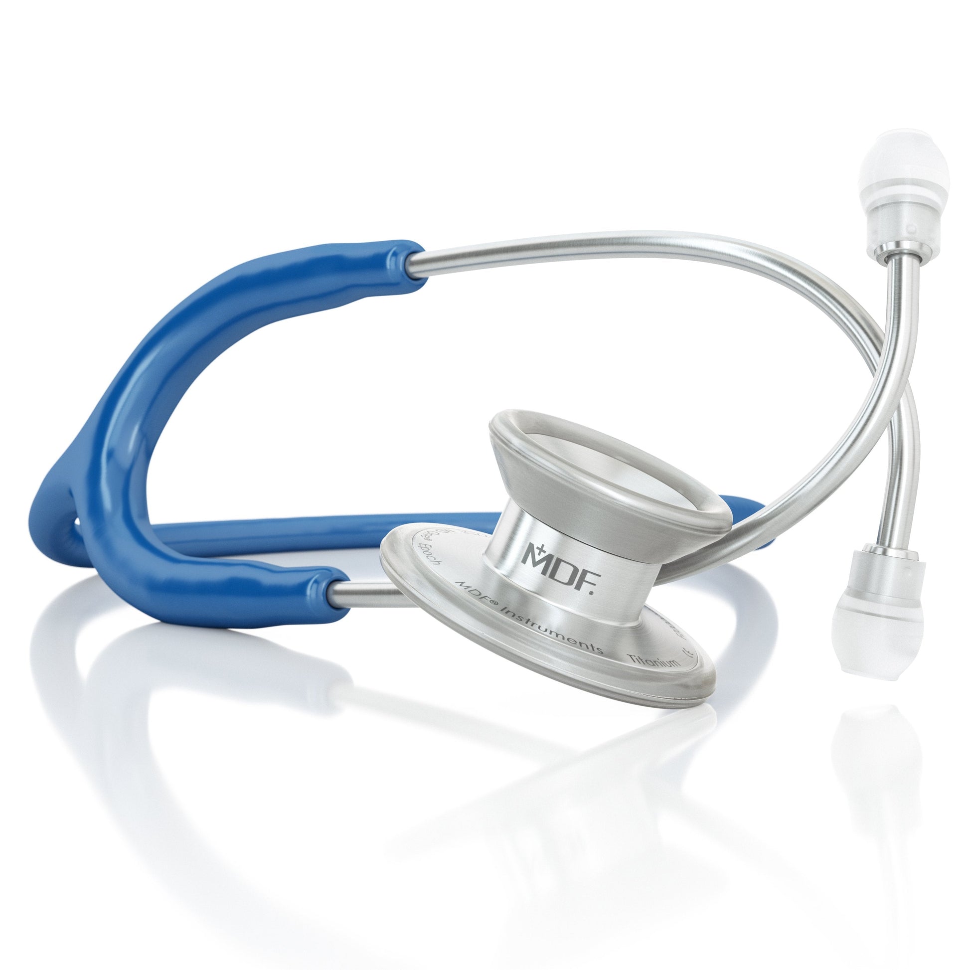MD One® Epoch® Titanium adult stethoscope in royal blue with silver chest piece and flexible tubing, designed for medical professionals.