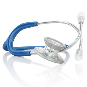 MD One® Epoch® Titanium adult stethoscope in royal blue with silver chest piece and flexible tubing, designed for medical professionals.