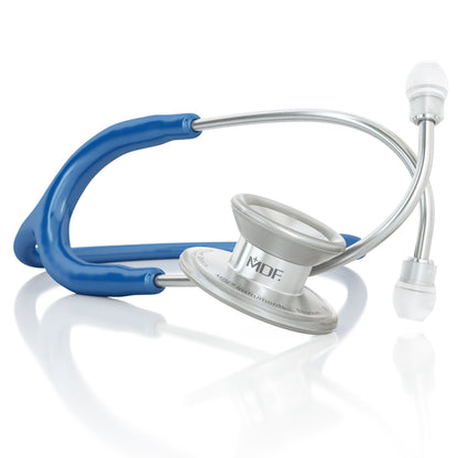 MD One® Epoch® Titanium adult stethoscope in royal blue with silver chest piece and flexible tubing, designed for medical professionals.