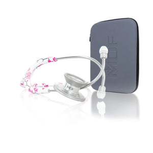 MDF Instruments MD One Epoch Titanium adult stethoscope in Sakura color with travel case, featuring dual-head chest piece and flexible tubing.