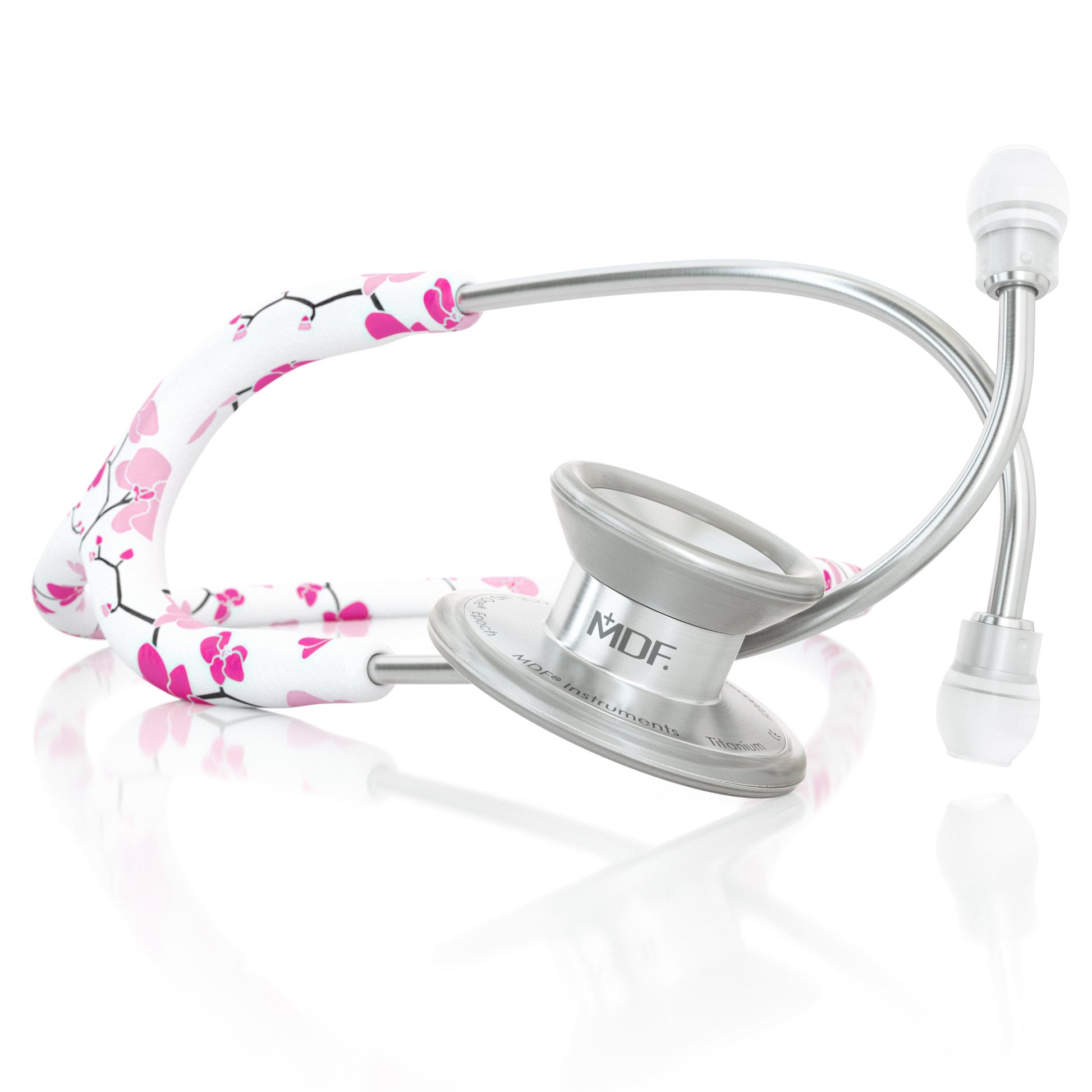 MDF Instruments MD One Epoch Titanium adult stethoscope in Sakura color with travel case, featuring dual head chest piece and adjustable binaurals.