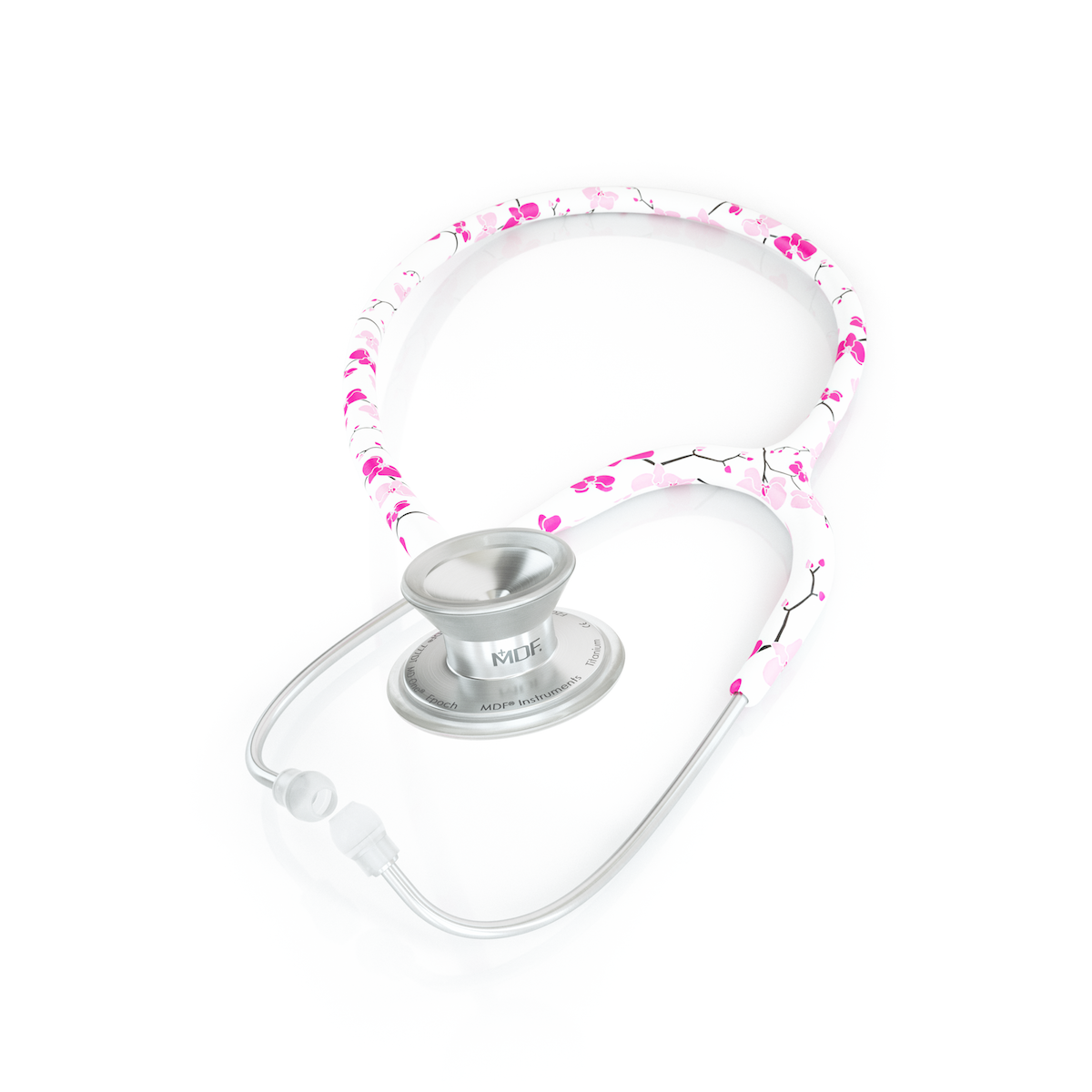 MD One Epoch Titanium adult stethoscope by MDF Instruments with Sakura tubing and travel case, showing the sleek, professional design.