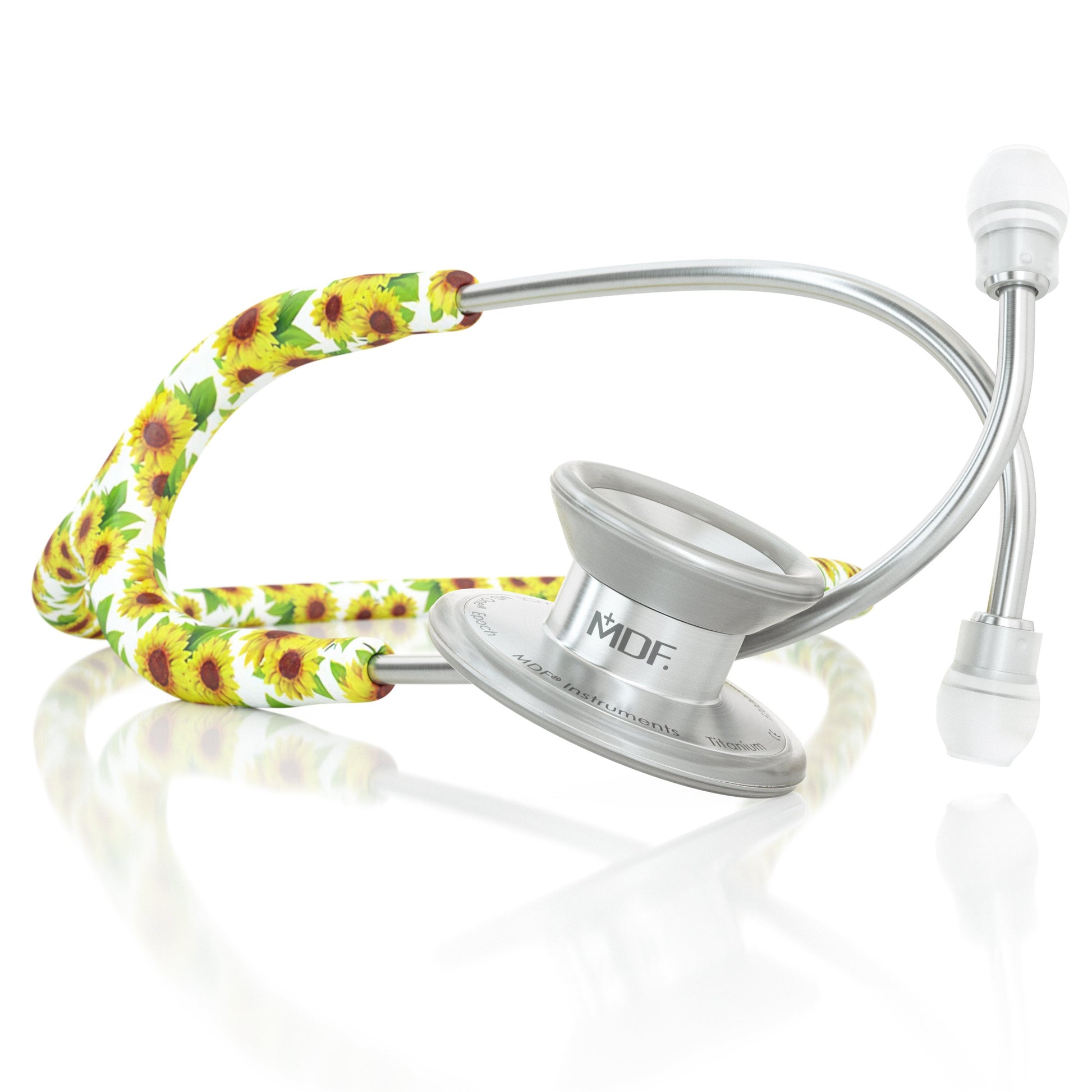 MD One Epoch Titanium adult stethoscope by MDF Instruments with sunflower-themed tubing and chest piece for medical professionals.