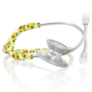 MD One Epoch Titanium adult stethoscope by MDF Instruments with sunflower-themed tubing and chest piece for medical professionals.