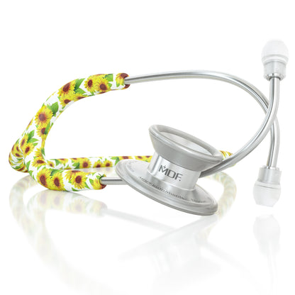MD One Epoch Titanium adult stethoscope by MDF Instruments with sunflower-themed tubing and chest piece for medical professionals.