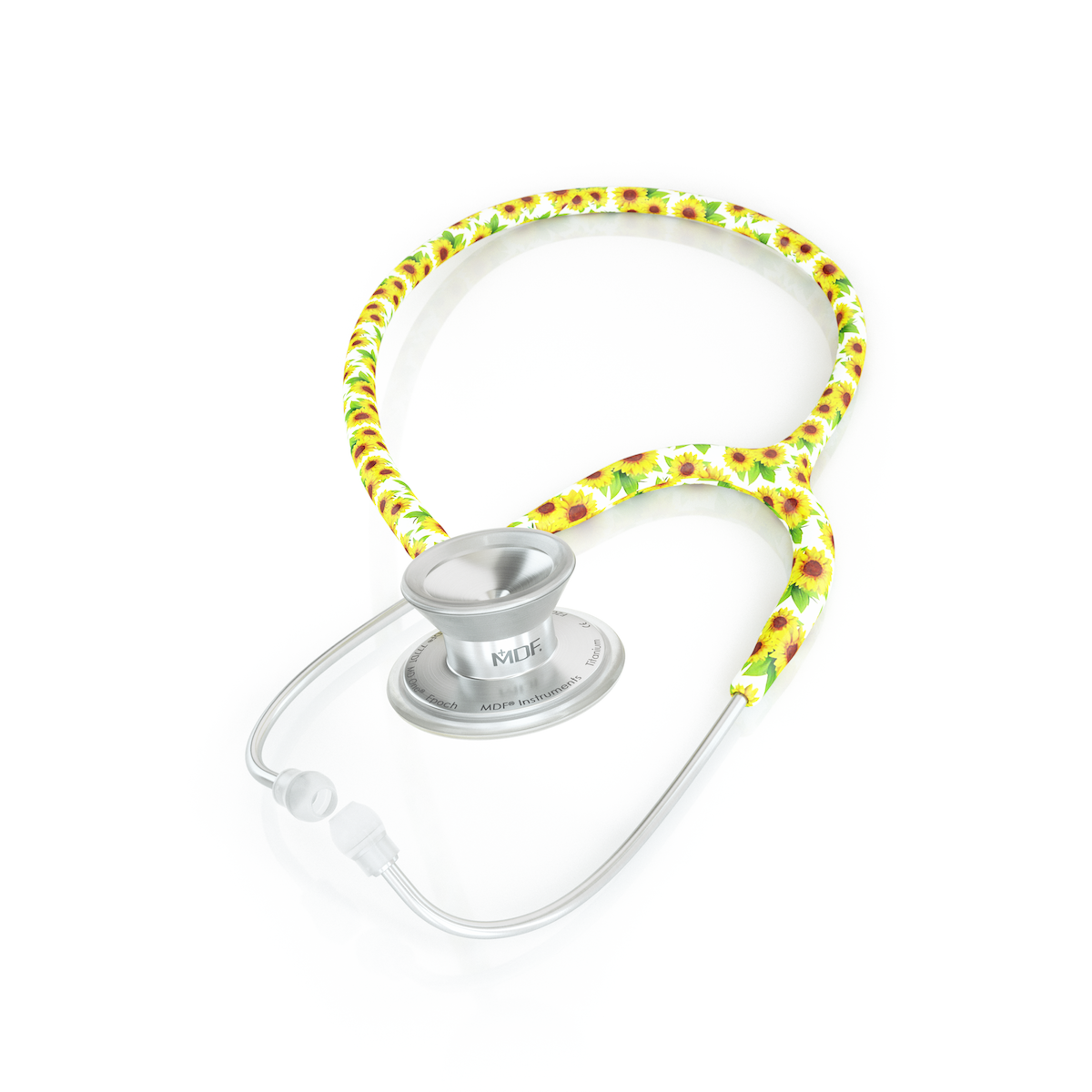 MD One Epoch Titanium adult stethoscope by MDF Instruments with sunflower-themed chest piece and tubing for medical professionals.