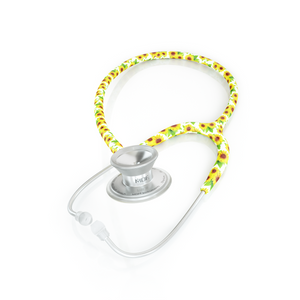MD One Epoch Titanium adult stethoscope by MDF Instruments with sunflower-themed chest piece and tubing for medical professionals.