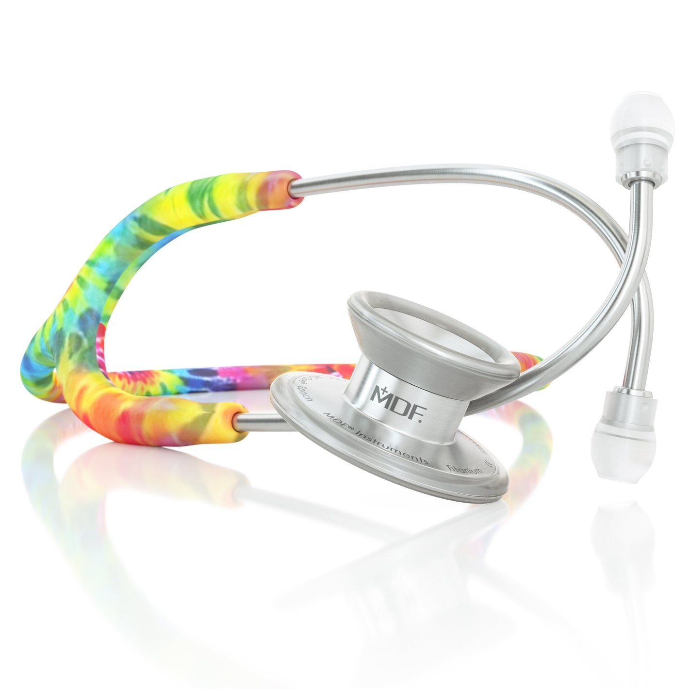 MD One® Epoch® Titanium adult stethoscope with tie-dye tubing by MDF Instruments, featuring dual-head chest piece and flexible tubing.
