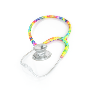 MD One Epoch Titanium adult stethoscope with tie-dye tubing by MDF Instruments, featuring dual head chest piece and flexible tubing.