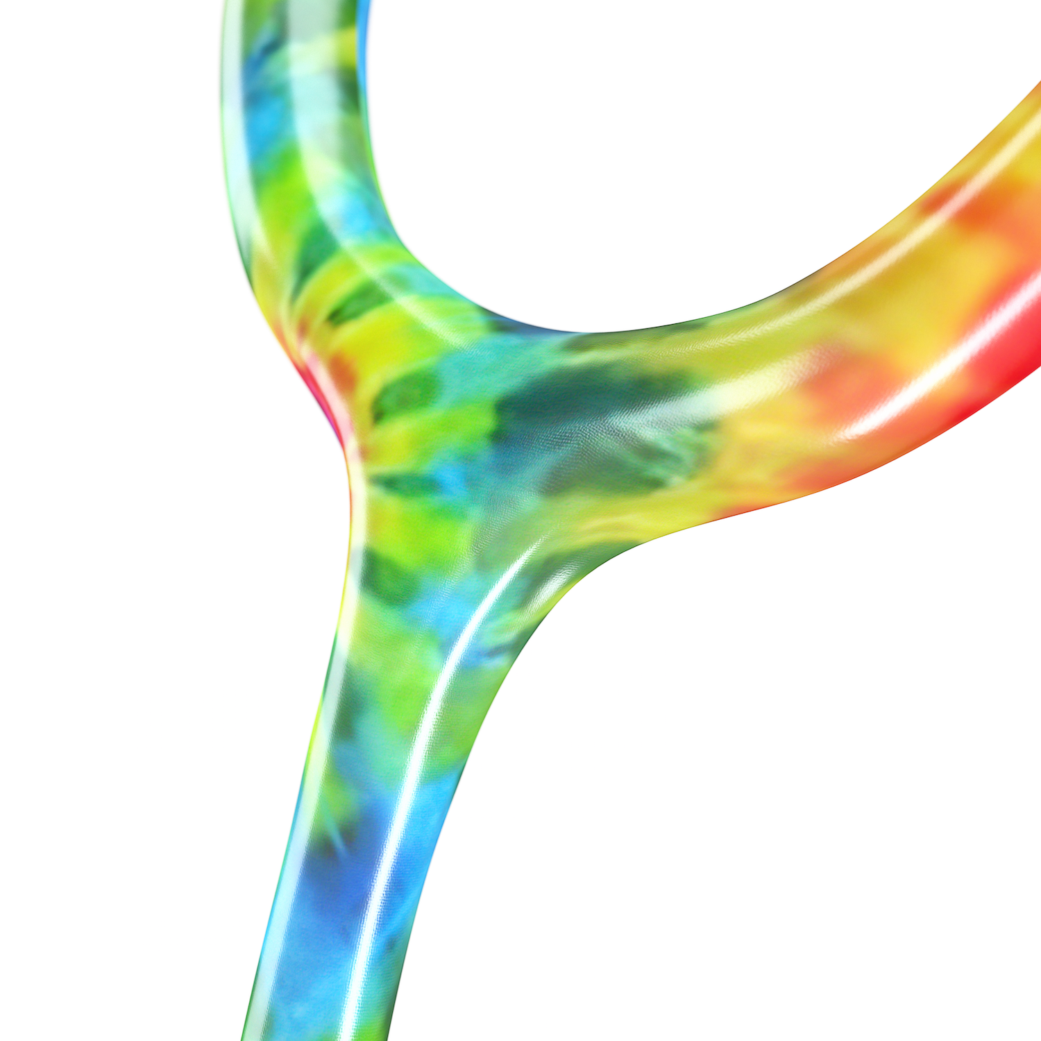 MD One Epoch Titanium adult stethoscope with tie-dye tubing from MDF Instruments, featuring dual head chest piece and flexible tubing.