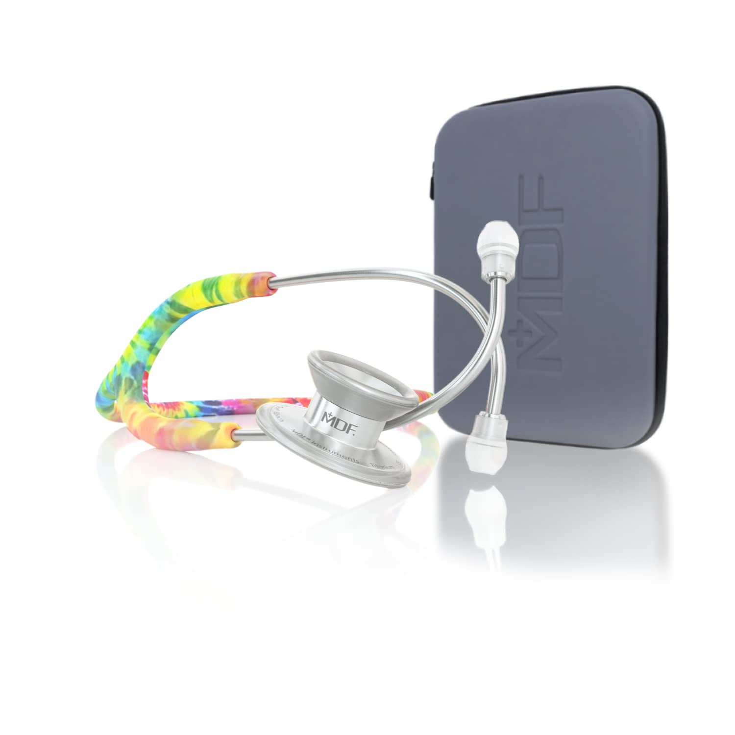 MD One® Epoch® titanium adult stethoscope with tie-dye tubing and metal chest piece, designed for medical professionals.