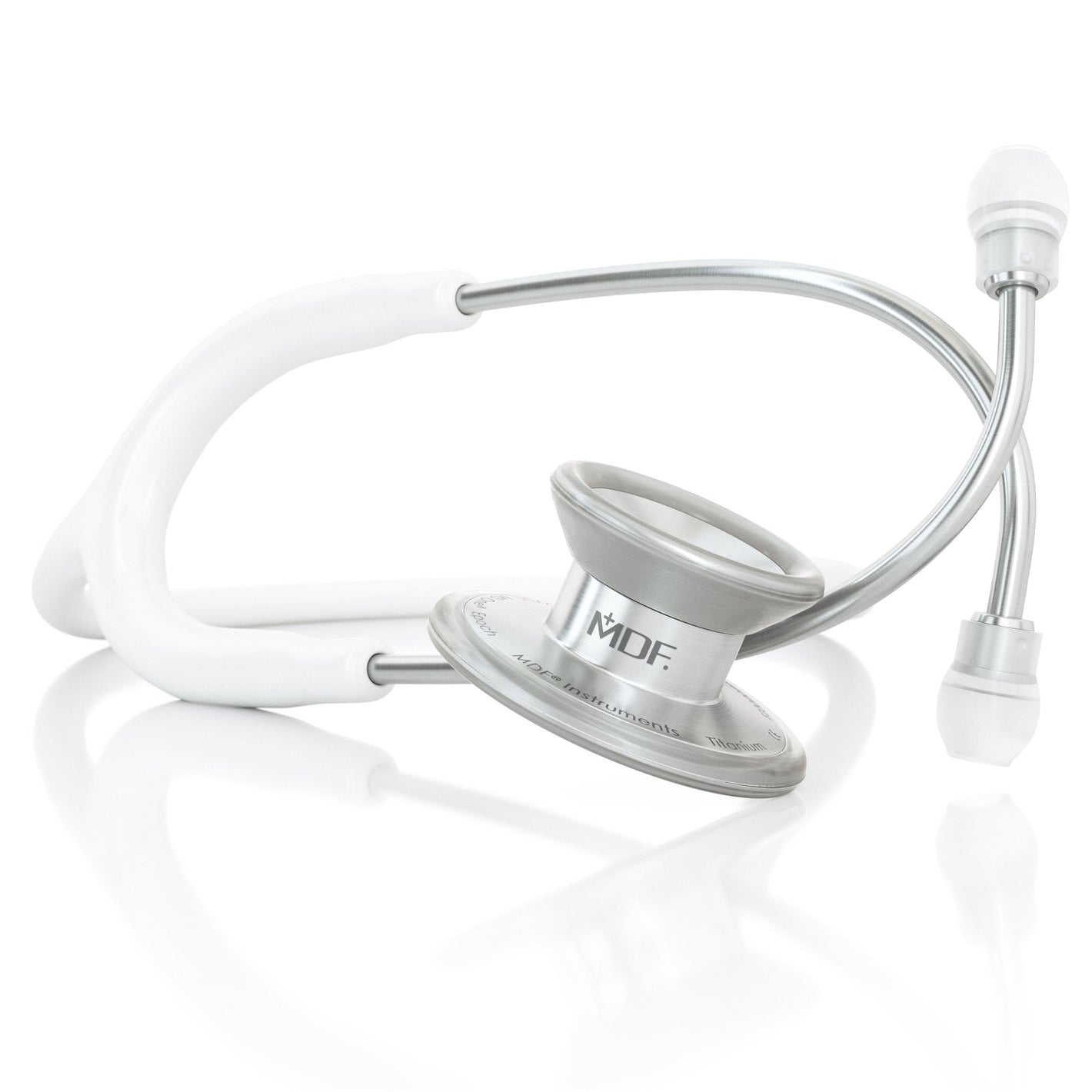 MD One Epoch Titanium adult stethoscope in white with stainless steel chest piece and flexible tubing, by MDF Instruments.