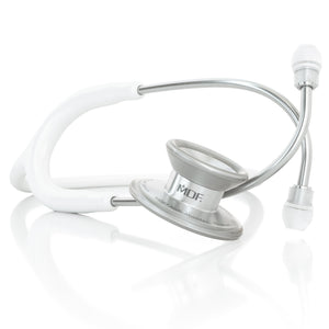 MD One Epoch Titanium adult stethoscope in white with stainless steel chest piece and flexible tubing, by MDF Instruments.