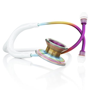 MD One Epoch Titanium adult stethoscope by MDF Instruments in white and kaleidoscope colors, showing the chest piece and tubing.