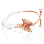 MD One® Epoch® titanium adult stethoscope with white tubing and rose gold accents, featuring dual head chest piece and flexible tubing