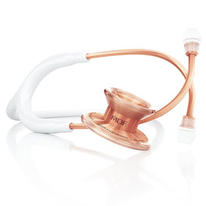 MD One® Epoch® titanium adult stethoscope with white tubing and rose gold accents, featuring dual head chest piece and flexible tubing