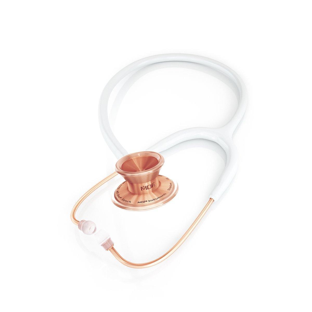 MD One® Epoch® titanium stethoscope by MDF Instruments with white tubing and rose gold accents, showing the chest piece and earpieces.