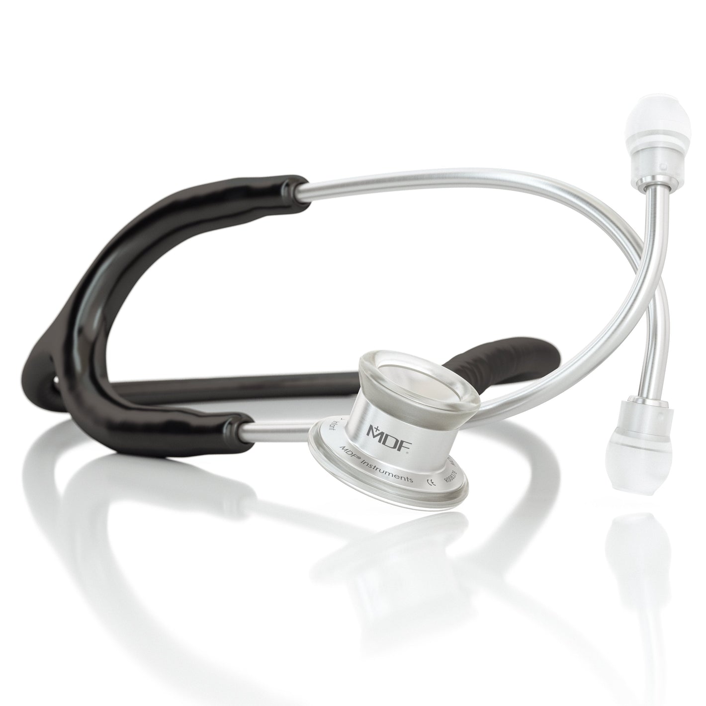 Black MD One® infant stethoscope from MDF Instruments, featuring soft eartips and a lightweight design for pediatric auscultation.