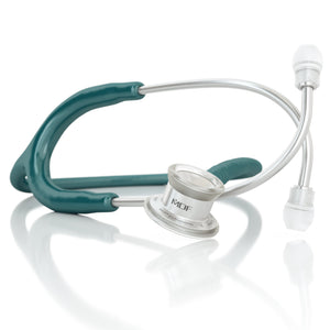 Green MD One® infant stethoscope by MDF Instruments with soft eartips and flexible tubing, designed for pediatric auscultation.