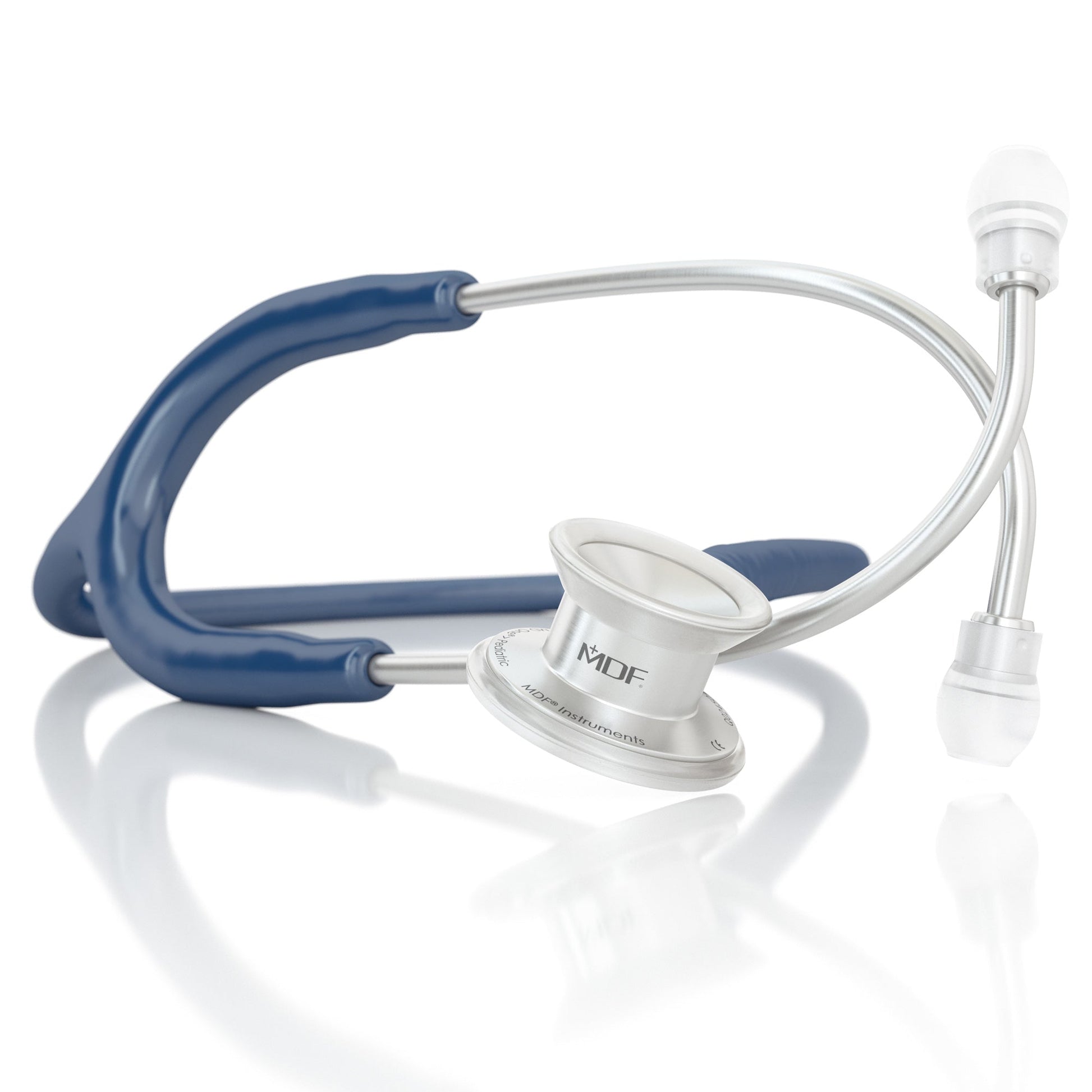 Navy blue MD One® infant stethoscope from MDF Instruments with soft earpieces and a small chest piece for listening to baby’s heart.