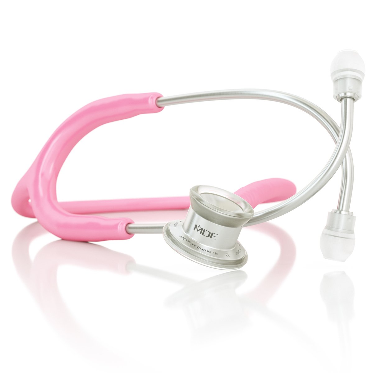 Pink MD One® infant stethoscope by MDF Instruments, showing the lightweight design and flexible tubing for pediatric auscultation.