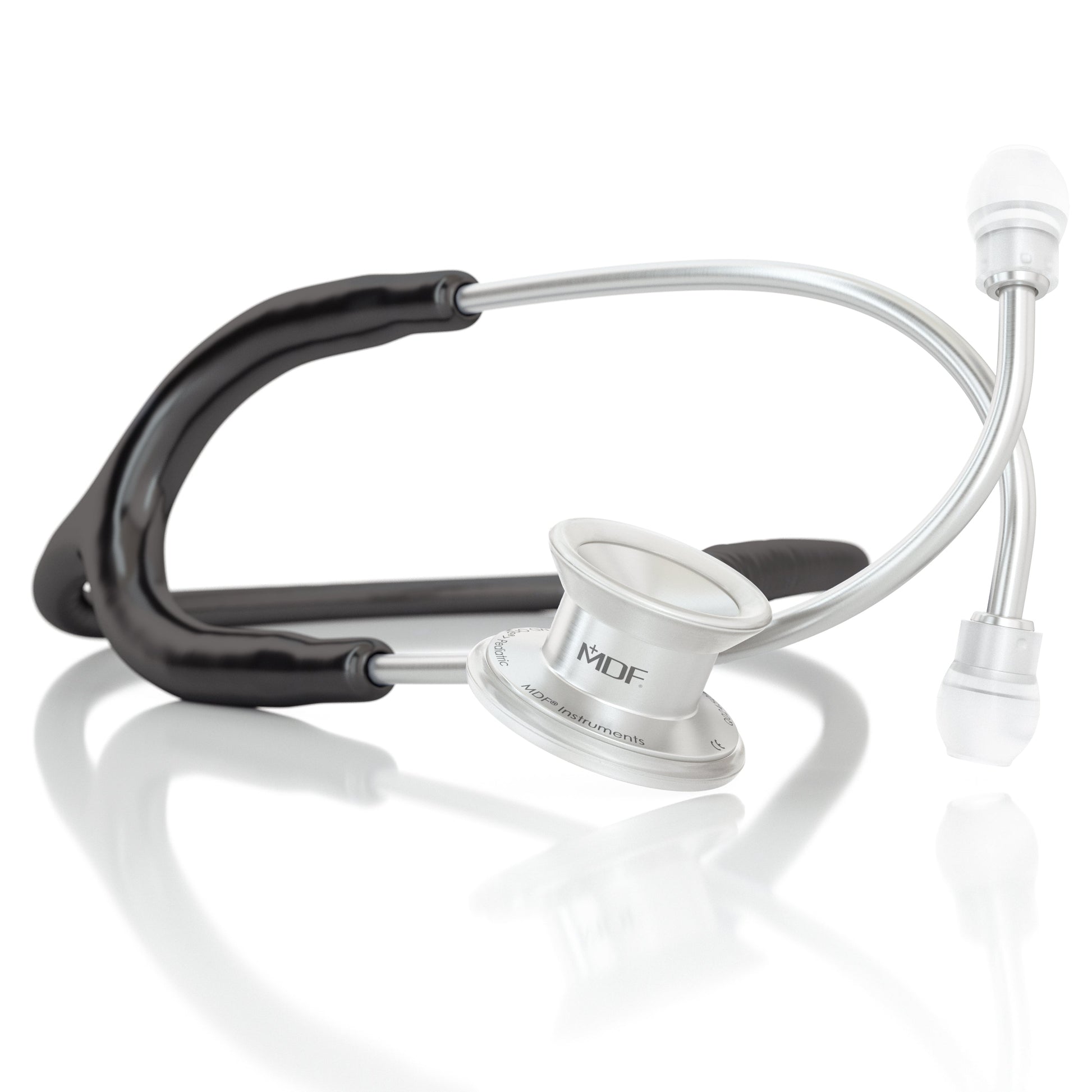 Black MD One® Pediatric Stethoscope by MDF Instruments with dual head and adjustable earpieces for accurate pediatric auscultation.