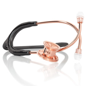 MD One® Pediatric Stethoscope by MDF Instruments in black and rose gold, with flexible tubing and dual-sided chest piece.