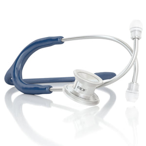 Navy blue MD One® pediatric stethoscope by MDF Instruments with flexible tubing and dual-sided chestpiece.