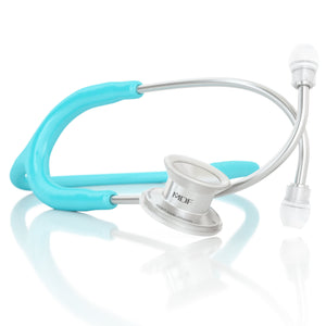 Pediatric stethoscope in pastel blue from MDF Instruments, with dual-head chest piece and flexible tubing for medical exams.