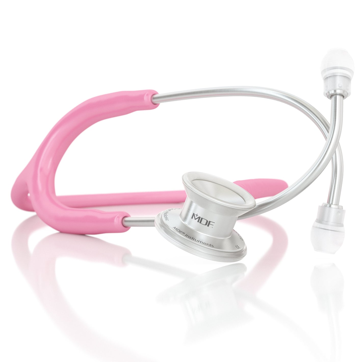 Pink MD One® Pediatric Stethoscope by MDF Instruments, featuring soft earpieces and a lightweight design for children's health exams.