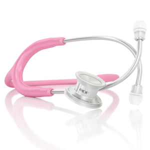 Pink MD One® Pediatric Stethoscope by MDF Instruments, featuring soft earpieces and a lightweight design for children's health exams.