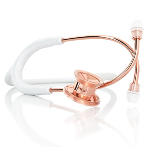MD One® Pediatric Stethoscope in white and rose gold by MDF Instruments, showing the chest piece and flexible tubing.