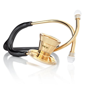 Black and gold ProCardial adult cardiology stethoscope by MDF Instruments with dual-head chest piece and comfortable tubing.