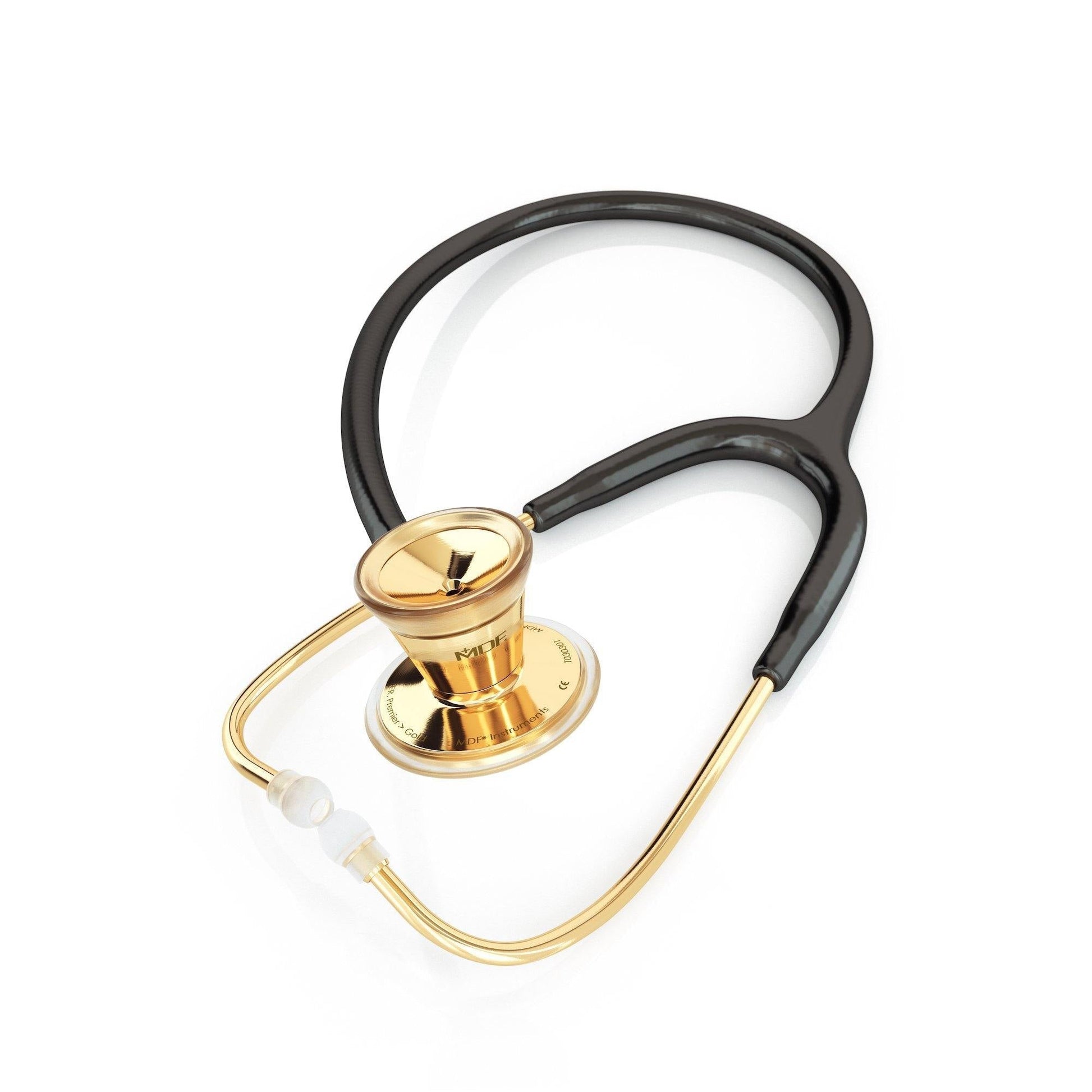 Black and gold ProCardial adult cardiology stethoscope by MDF Instruments with dual-head chestpiece and adjustable eartips.