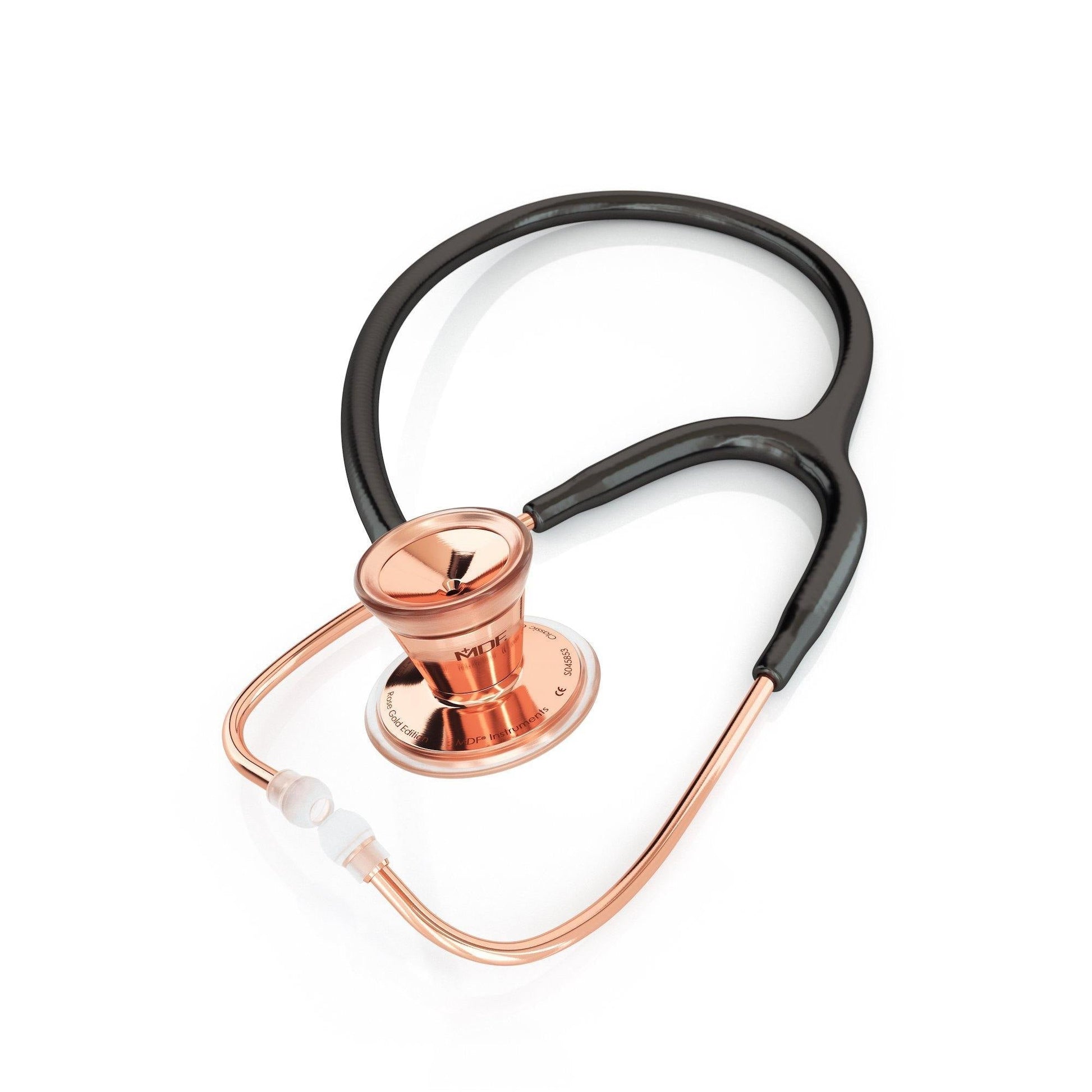 Black and rose gold ProCardial adult cardiology stethoscope by MDF Instruments, with flexible tubing and dual-head chest piece.