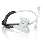 Black and white MDF ProCardial adult cardiology stethoscope with chest piece and tubing for medical examination and auscultation.