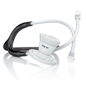Black and white MDF ProCardial adult cardiology stethoscope with chest piece and tubing for medical examination and auscultation.