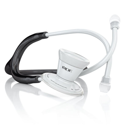 Black and white MDF ProCardial adult cardiology stethoscope with chest piece and tubing for medical examination and auscultation.