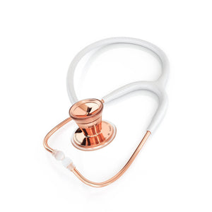 White glitter and rose gold MDF ProCardial adult cardiology stethoscope with dual head and ergonomic tubing.
