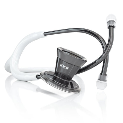 White and Perla Noire MDF ProCardial adult cardiology stethoscope with dual-head chest piece and flexible tubing.