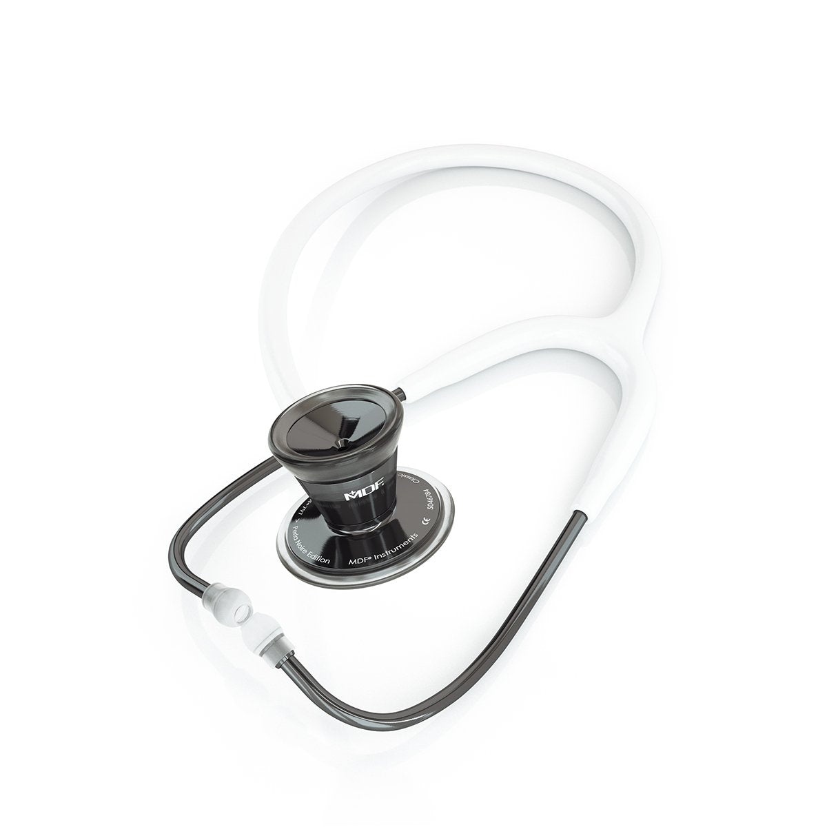 White and perla noire MDF ProCardial adult cardiology stethoscope with flexible tubing and dual-head chest piece for medical exams.