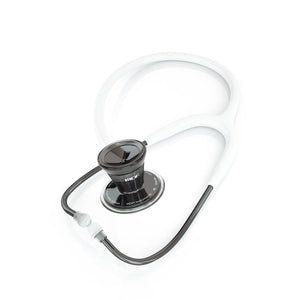 White and perla noire MDF ProCardial adult cardiology stethoscope with flexible tubing and dual-head chest piece for medical exams.