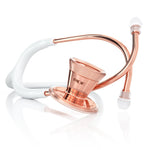 MDF Instruments ProCardial adult cardiology stethoscope in white with rose gold accents, featuring dual-head chest piece and flexible tubing.