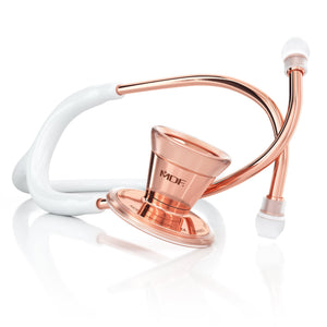 MDF Instruments ProCardial adult cardiology stethoscope in white with rose gold accents, featuring dual-head chest piece and flexible tubing.
