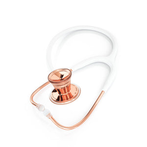 White and rose gold ProCardial adult cardiology stethoscope by MDF Instruments with dual head and adjustable tension.